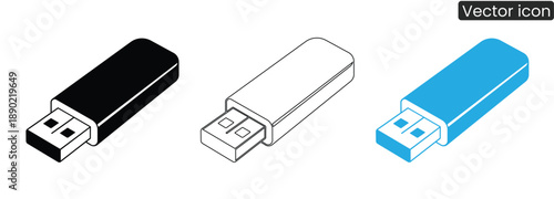 Professional vector icons of USB flash drives in black, white, and blue, perfect for tech and business designs