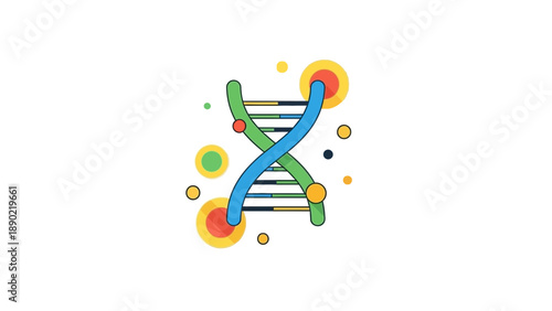 Colorful illustration of a DNA helix molecule with glowing circles