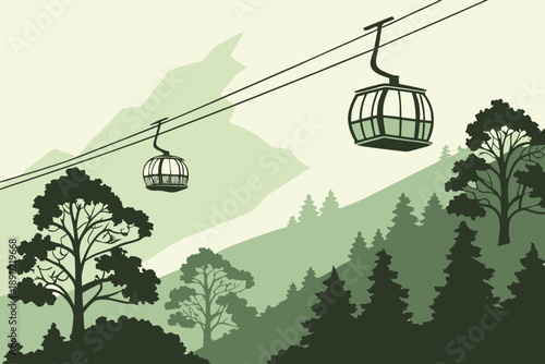 Cable Cars Gliding Over Lush Green Forested Mountainside
