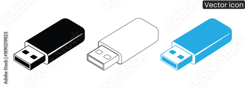 Set of modern USB flash drives in black, white, and blue colors for digital storage and data transfer
