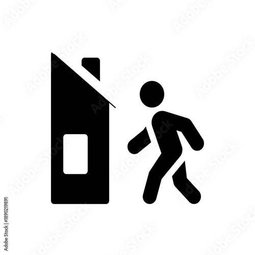 A minimalist vector graphic of a person running away from a burning house