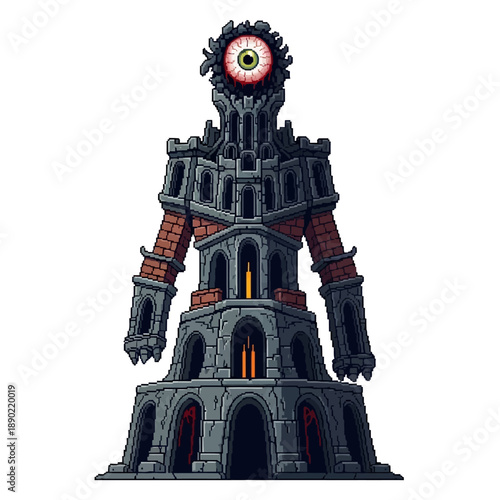 Pixelated Giant Tower Guardian with a Single Eye