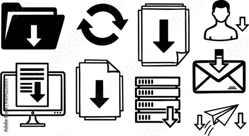 Black and white vector icons set with download arrows in file folder computer email paper server paper plane and user silhouette