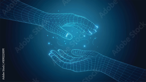 A digital art composition of two wireframe hands in a low-poly style against a deep blue gradient background (4)_traced