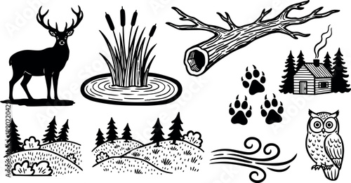 Black and white vector art of forest wildlife including deer owl lodge paw prints cattail marsh log hills and wind swirl illustrations