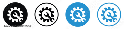 Set of gear icons in four styles: solid black, outlined, solid blue, and blue stroke. Clean vector design representing settings, engineering, options, and industrial mechanical process.