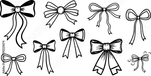 Hand drawn black ink various ribbon bows collection with long tails detailed sketch style isolated on white background vector art set