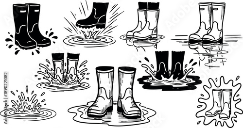 Black and white vector art of rubber boots splashing and jumping in water puddles with splash effects hand drawn style