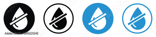 Water drop with a strike-through line indicating no water, drought, or dry conditions. Set includes solid and line art versions in black and blue for environmental or plumbing icons.