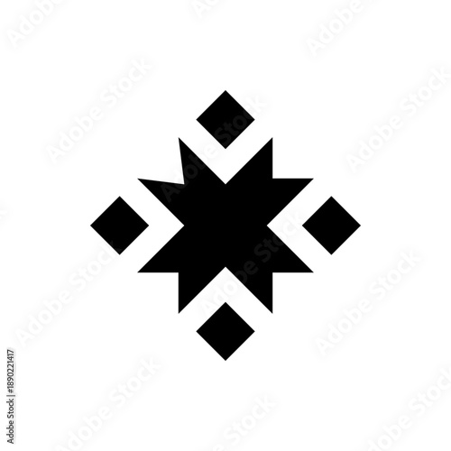 A minimalist black starburst icon with diamond shapes on a white background