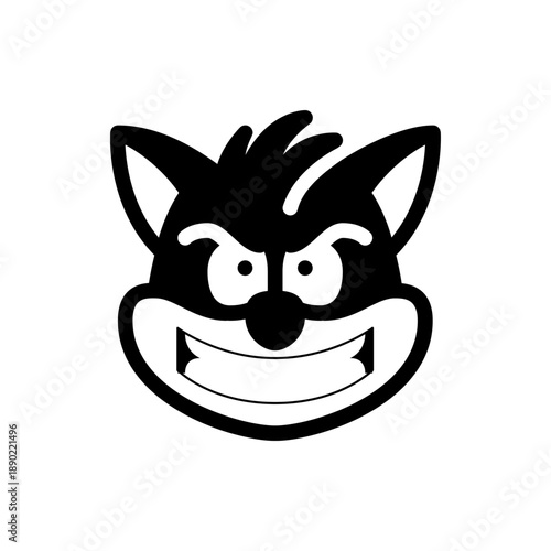 A cartoonish black and white vector graphic of a smiling animal face with a mischievous expression