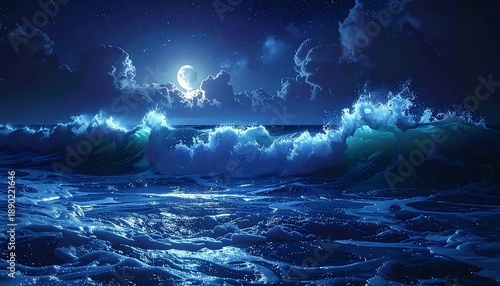 Foto A serene moonlit ocean scene, waves crashing under a cloudy sky