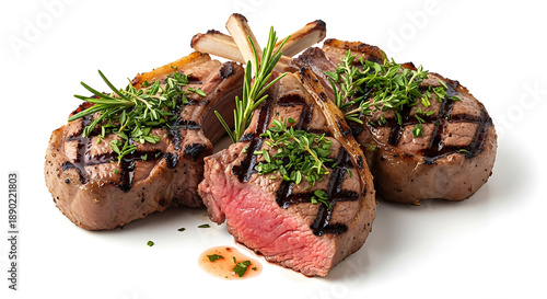 Grilled lamb chops with herb seasoning, juicy interior, isolated on white background.
