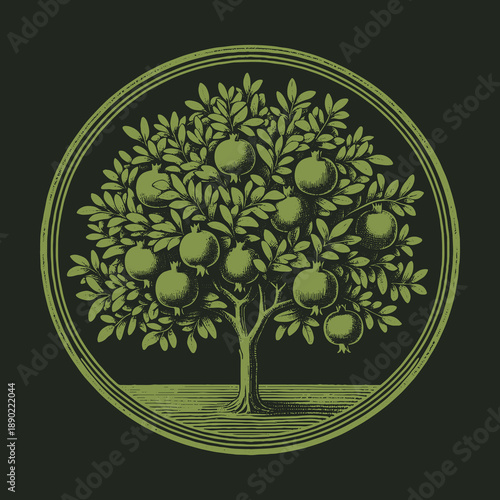 Vintage Apple Tree Illustration in Circular Frame for Branding.