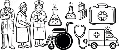 Black and white line art doctor nurse elderly patient healthcare icons including wheelchair ambulance and medical kit