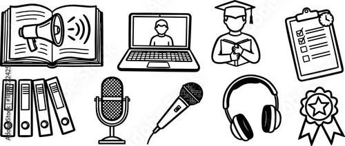 Hand drawn line art icons of open book with megaphone laptop with user graduation cap clipboard checklist and timer microphone headphones and award ribbon
