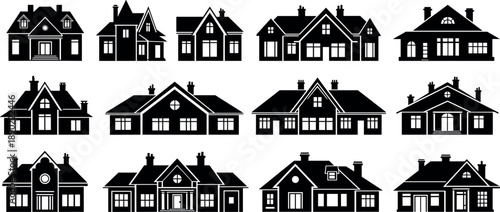 Set of black house silhouettes vector icons for real estate logo and architectural design isolated on white background.