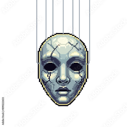 Pixel art cracked ancient mask hanging by strings, a representation of fragility and hidden identities in retro gaming aesthetics