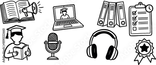 Hand drawn education icons including graduate reading book, laptop with graduate on screen, microphone, headphones, folder binders, checklist, and award ribbon