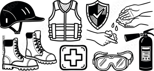 Black and white line art safety helmet boots vest goggles fire extinguisher hand washing first aid kit icons set
