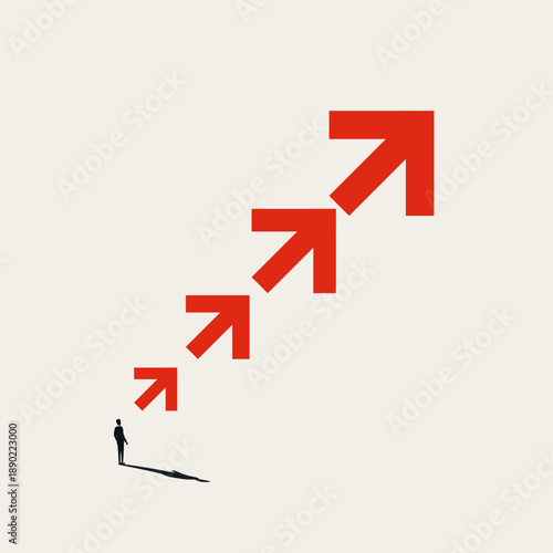 This minimal vector illustration features a businessman watching rising red arrows, representing a business growth strategy concept for professional success and a future plan.