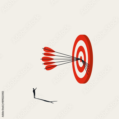 This minimal vector illustration shows a businessman reaching his business objective by hitting the target bullseye, a concept of mission success and professional achievement.