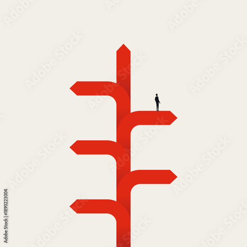 This business minimal vector illustration shows a businessman evaluating a path among many arrows, representing a direction decision for career growth and success concept.