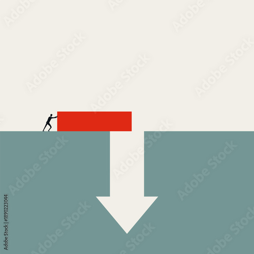 This minimal vector illustration shows a businessman trying to build a bridge across a gap to avoid danger. It is a concept for business risk management and overcoming a challenge.