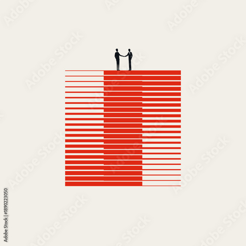 This minimal vector illustration shows two businessmen shaking hands after a negotiation, representing a business merger and acquisition deal concept for corporate success.