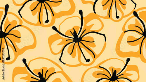 Vibrant floral pattern with stylized flowers in warm yellow tones