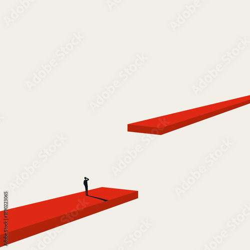 This minimal vector illustration shows a businessman at a gap, symbolizing a business challenge and the need for growth, success, and progress toward future development in this concept.