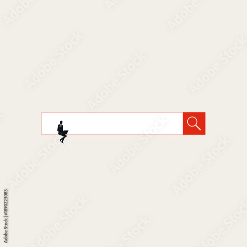 This minimal vector illustration depicts a businessman sitting on a search bar with a laptop. It is a business concept for job search, career recruitment, and finding a professional vacancy.