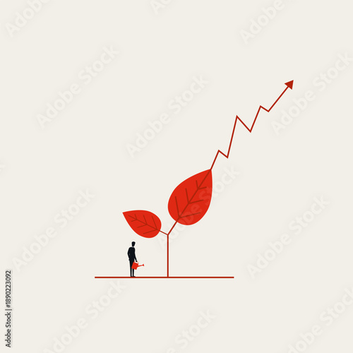 This minimal vector illustration shows a businessman watering a plant that turns into a rising graph, representing a concept of business growth and success achievement.