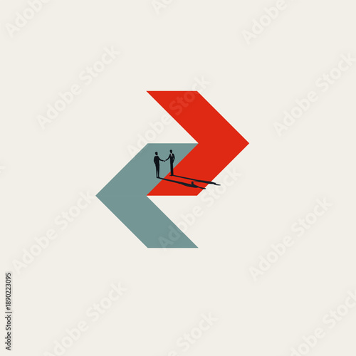 This minimal vector illustration features a businessman handshake on large arrows, symbolizing a successful business negotiation and merger deal. It represents a professional concept of acquisition.