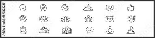 Positive Thinking Line Editable Icons set. Vector illustration in modern thin style of mental health related icons: self-care, optimism, emotional control, and more. Isolated on white background