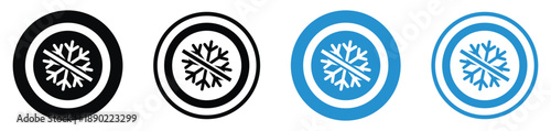 Simple snowflake icon set in four styles: solid black, outlined, solid blue, and blue outline. Perfect for winter weather, cooling systems, refrigeration, or holiday design elements.