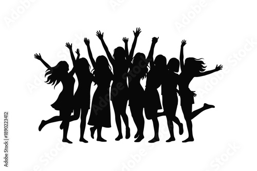 Group of friends celebrating in silhouette against a white background