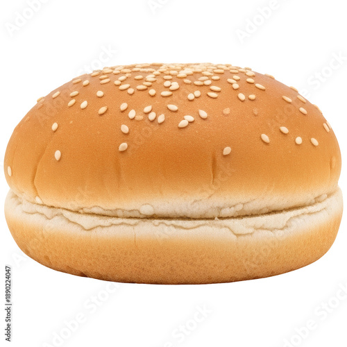 Sesame seed hamburger bun, soft golden brown bread roll with dense sesame seeds covering the top surface, split open bottom, on a transparent background