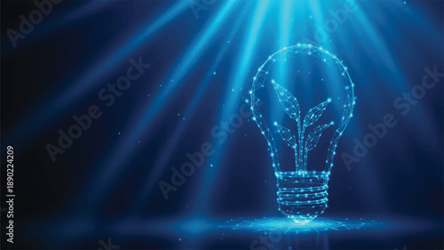 A digital illustration of a glowing light bulb rendered in a low-poly wireframe style against a deep blue background (4)_traced