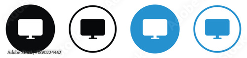 Minimalist computer monitor and screen display icons. Featured in black and blue circular frames with solid and bold styles. Perfect for technology, digital media, and workstation UI designs.