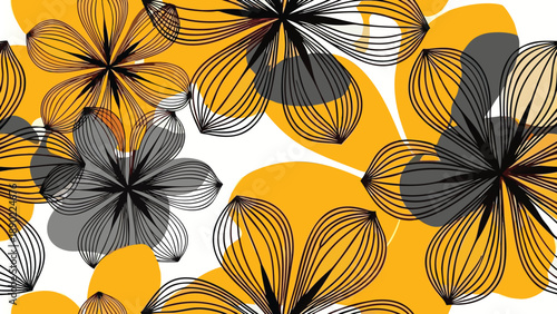 Geometric lotus flowers create a vibrant layered pattern with stylized yellow petals and delicate black line art against a clean white