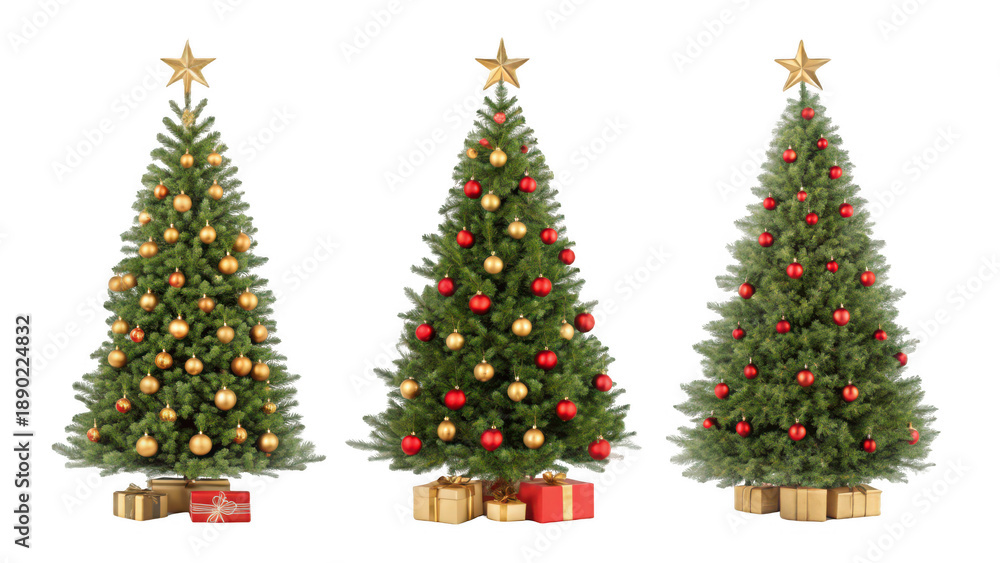 Fototapeta premium Three decorated christmas trees isolated on transparent background