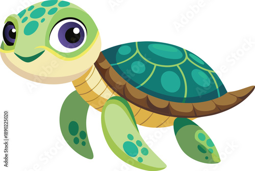 A charming illustration of a happy baby sea turtle with a vibrant shell and big friendly eyes