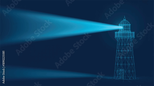 A digital illustration of a lighthouse emitting a bright cyan-blue beam of light against a deep navy blue background (1)_traced