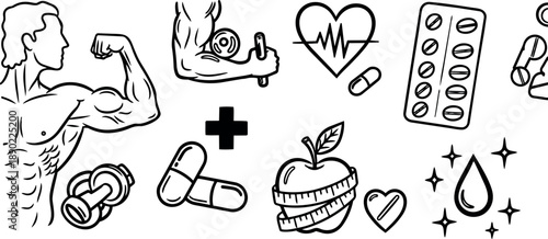 Line art muscular man flexing biceps with dumbbell and health icons including heart pulse, pills, apple, and medical cross