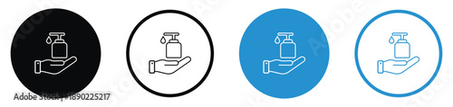 Hygiene and liquid soap icons featuring a hand holding a dispenser bottle with a droplet. Linear style in black and blue circles. Great for healthcare, sanitization, and safety instructions.