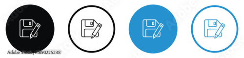 Retro floppy disk icons combined with a pencil symbol, representing "Save As" or "Edit Save" functions. Available in black and blue styles. Classic data storage and file management graphics.
