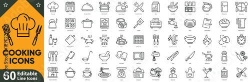 Cooking and kitchen line icons set with culinary utensils, food preparation, baking, frying and restaurant symbols. Editable stroke vector.