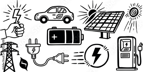 Hand holding lightning bolt with electric car and solar panel battery charger plug and power transmission tower icons vector set