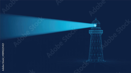 A digital illustration of a lighthouse emitting a bright cyan-blue beam of light against a deep navy blue background (2)_traced
